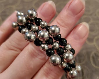 Handmade Upcycled Wrap Bracelet, black and silver tone bracelet, memory wire bracelet, ecofashion
