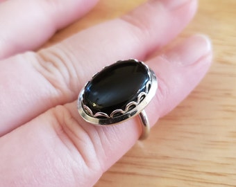 Vintage Emmons Ring, size 6.5 adjustable ring, silver tone with faux onyx oval