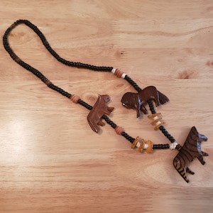 Vintage Wooden Beaded Necklace with Carved Wood Animals, 27 inch necklace, wood statement necklace