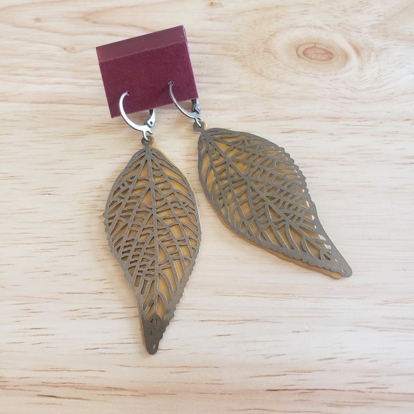 Handmade Upcycled Earrings, antiqued brass tone and mustard yellow leaves, ecofashion