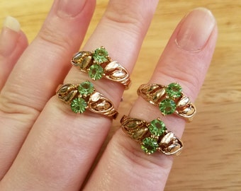 One Vintage DAC Green Rhinestone Ring, new with tags, 14KT Gold Electroplate ring, faux peridot vintage ring, cocktail ring