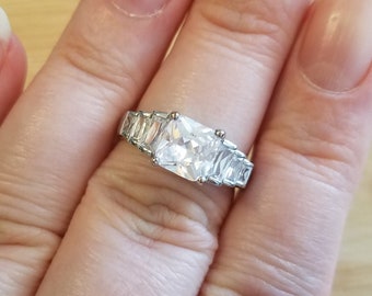 Vintage Faux Diamond Ring, size 7.5 ring, princess cut ring, silver tone ring, cocktail ring, statement ring, multistone ring