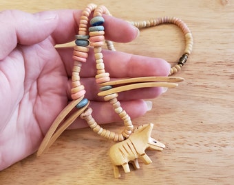 Vintage Carved Wood Zebra Necklace, 18 inch beaded statement necklace, wood necklace, vintage necklace