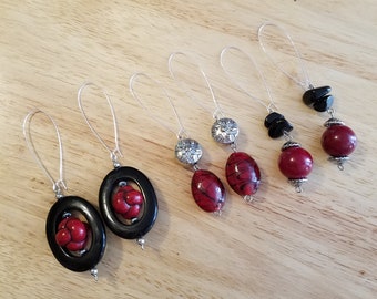 One Pair of Handmade Upcycled Earrings, black and red earrings, silver plated stainless steel hooks, ecofashion