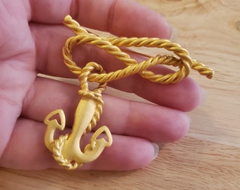 Vintage M Jent Brooch, brushed gold tone rope and anchor brooch, statement brooch, vintage brooch