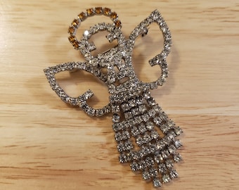 Vintage Rhinestone Angel Brooch, silver tone angel pin with clear and amber rhinestones, statement brooch, vintage brooch