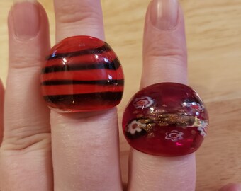 One Vintage Murano Glass ring, red stripe or red millefiori Murano ring, statement ring