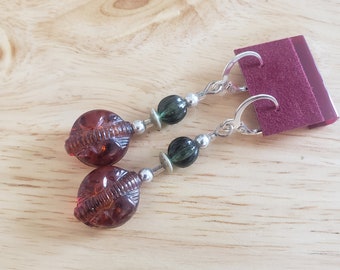 Green and Brown Glass Handmade Upcycled Earrings, silver tone leverback earrings, ecofashion