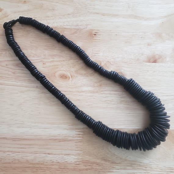 Vintage Black Wood Disk Beaded Necklace, 25 inch … - image 1