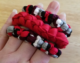 Three Recycled T-shirt Stretch Bracelets - shades of red bracelet set, tshirt yarn tarn, ecofashion, fabric bracelets crochet bracelets