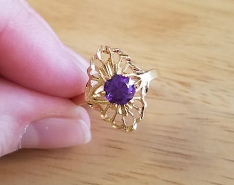 Vintage Purple Rhinestone Ring, size 12 ring, gold tone filigree ring, cocktail ring, statement ring