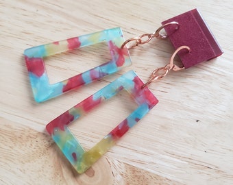 Handmade Upcycled Earrings, copper and rainbow resin, ecofashion