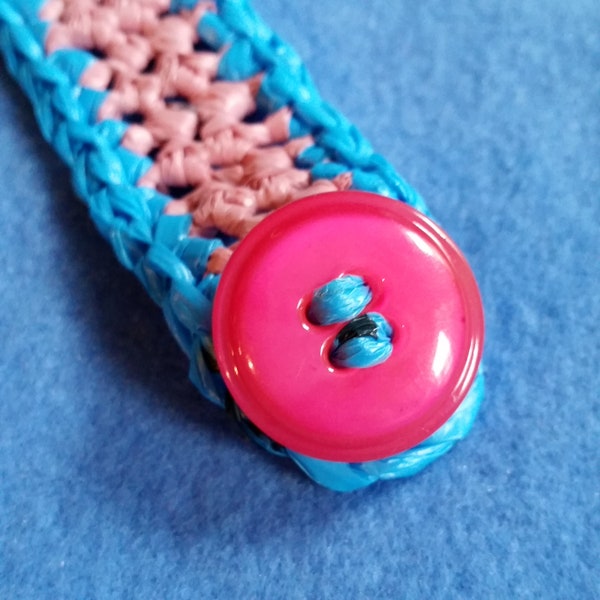 Pink and Blue Plarn Bracelet with Hot Pink Vintage Button, recycled plastic bags ecofashion