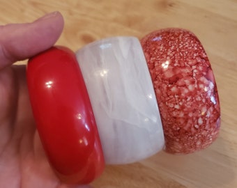 Red and White Vintage Plastic Bangle Lot, three vintage plastic bracelets, vintage jewelry lot