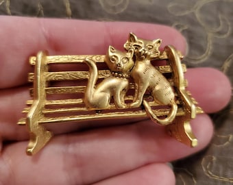 Vintage Two Cats on a Park Bench Brooch Pin, signed AJC, gold tone brooch, signed vintage brooch, statement brooch