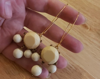 Handmade Upcycled Earrings, off white beaded chandeliers on gold plated stainless steel hooks, ecofashion