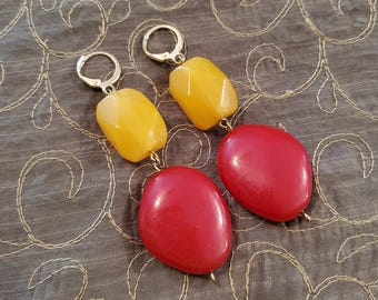 Colorful Dangle Earrings, Handmade Upcycled Earrings, gold tone leverback earrings, ecofashion
