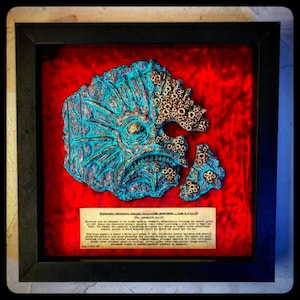 May include: A framed wall art piece featuring a teal, weathered, fish-like relief sculpture with barnacle-like textures on a vibrant red background. Below the sculpture is a rectangular label with printed text describing the item as a relic.