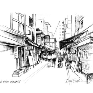 Tsukiji Fish Market in Tokyo, Japan (a digital file of my original sketch)