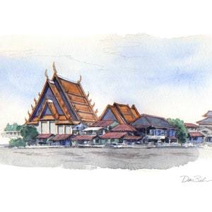 Watercolor sketch of a Bangkok, Thailand temple (a digital file of my original sketch)