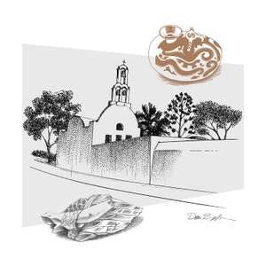Federzeichnung einer alten Kirche auf Santorini, Griechenland (eine digitale Datei meiner Originalskizze)