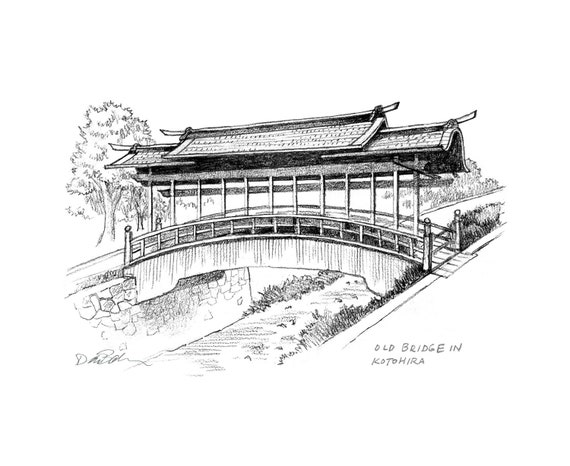 Pencik Sketch of Kotohiro Bridge in Takamatsu Town, Shikoku