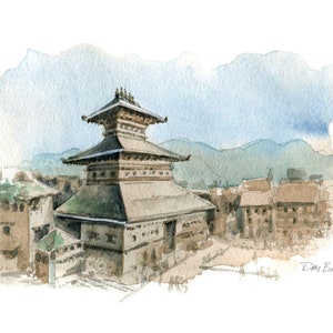 Watercolor sketch at Baktapur, outside of Kathmandu, Nepal (a digital file of my original sketch)