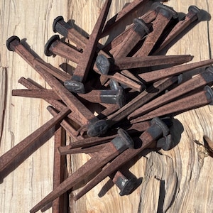 Könnte beinhalten: Eine Ansammlung handgeschmiedeter Nägel im rustikalen Stil. Jeder Nagel hat einen dunklen, abgerundeten Kopf und einen sich verjüngenden, rechteckigen Schaft. Die Nägel sind rostbraun, was auf Alter und Gebrauch hindeutet, und liegen auf einer hellen Holzoberfläche.