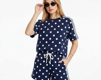 Women Short Sleeve Polka Dot Top & Shorts Set Summer Co-Ord Lounge Outfit Casual
