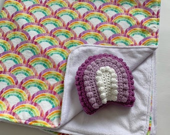 Rainbow Flannel Minky Baby Blanket and Rattle Gift Set