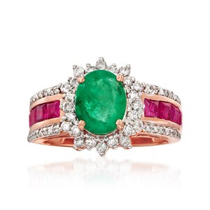 3.44TCW Natürlicher Smaragd & Rubin Princess Cut Ring 14K Roségold Diamant