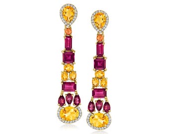 Bohemian Citrine Rhodolite Garnet Long Chandelier Earrings Gold Plated 11 Ctw.