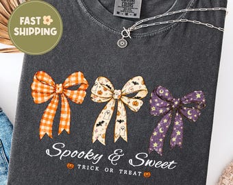 Comfort Colors® Girly Halloween Shirt, Coquette Bow Tee, Spooky Season Shirt, Cute Halloween Bows, Trick or Treat Shirt, Halloween Gift