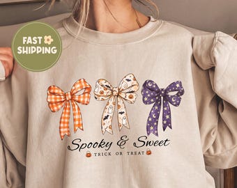 Girly Halloween Sweatshirt, Coquette Bow Crewneck, Spooky Season Sweater, Cute Halloween Bows, Trick or Treat Sweatshirt, Halloween Gift