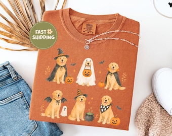Comfort Colors® Halloween Dogs Shirt, Custom Dog Breed Tee, Spooky Costume Dogs, Personalized Pet Lover Gift, Golden Retriever Dog Mom Tee