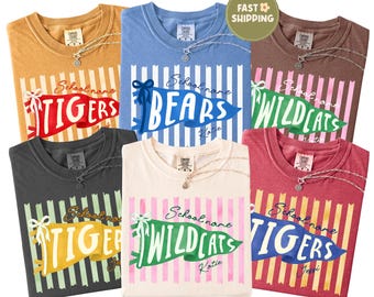 May include: Six short-sleeve t-shirts in various colors including mustard, blue, brown, charcoal, cream, and maroon. Each shirt features a vertical striped background and a pennant graphic with the text School name, Tigers, Bears, or Wildcats.