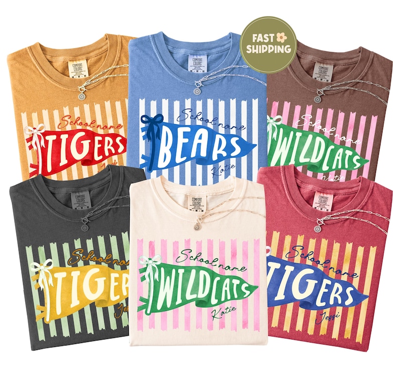 May include: Six short-sleeve t-shirts in various colors including mustard, blue, brown, charcoal, cream, and maroon. Each shirt features a vertical striped background and a pennant graphic with the text School name, Tigers, Bears, or Wildcats.