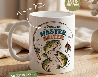 Personalized Master Baiter Fishing Mug, Funny Bass Fisher Coffee Cup, Custom Name Fisherman Gift, Dad Angler Mug, Husband Gift