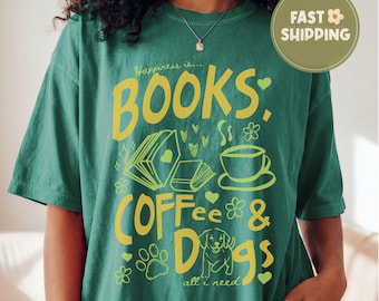 Comfort Colors Books Coffee Dogs Shirt, Book Lover Tee, Dog Mom Reading Shirt,Bookish Coffee Lover Gift, Librarian Graphic Tee,Dog Lover Tee