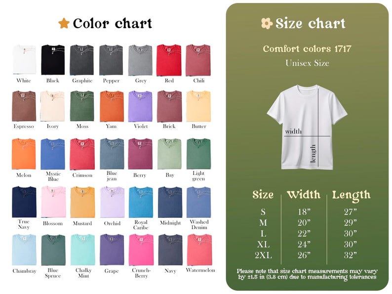 May include: A color chart displaying forty-two fabric swatches with names like White, Black, and Watermelon, alongside a size chart for a Comfort Colors 1717 unisex t-shirt. The size chart includes a diagram and a table listing widths and lengths in inches.
