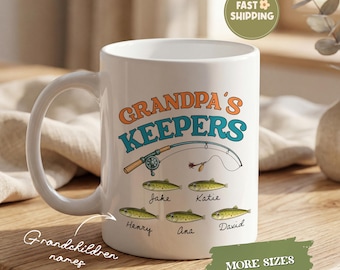 Personalized Grandpa Fishing Mug, Grandpa's Keepers Coffee Mug With Grandkids Names, Father's Day Gift For Papa, Custom Dad Fishing Mug