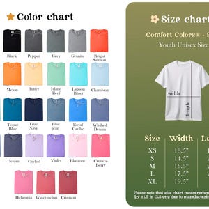 May include: A color chart displaying 30 t-shirt color options with labels including White, Black, Pepper, and Crimson, alongside a size chart for Comfort Colors 9018 youth unisex shirts, featuring a white t-shirt graphic with width and length labels.