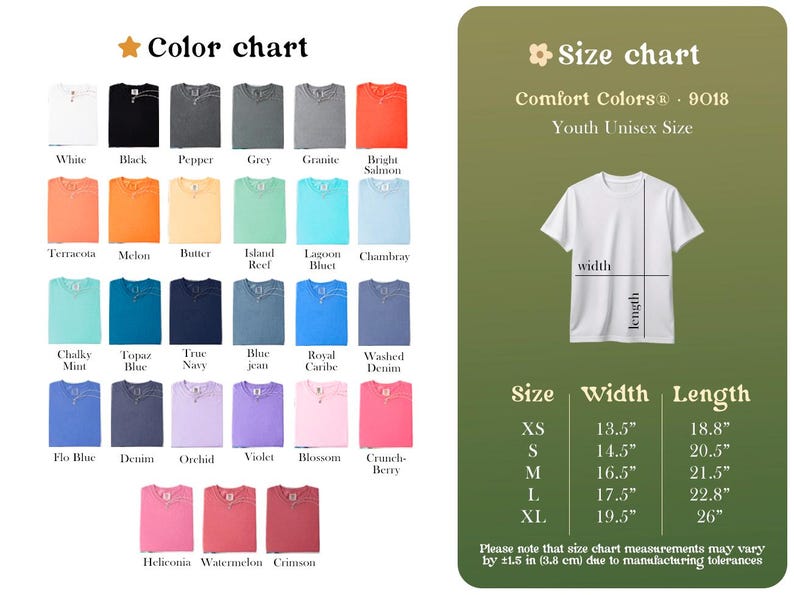 May include: A color chart displaying 30 t-shirt color options with labels including White, Black, Pepper, and Crimson, alongside a size chart for Comfort Colors 9018 youth unisex shirts, featuring a white t-shirt graphic with width and length labels.