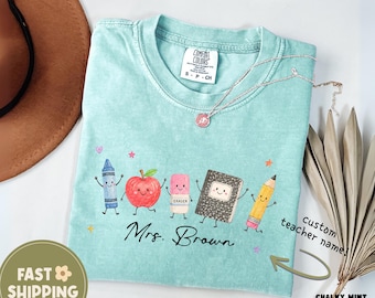 Comfort Colors® Personalized Teacher Name Shirt, Cute School Supplies Tee, Custom Teacher Gift, Preschool Back To School Shirt