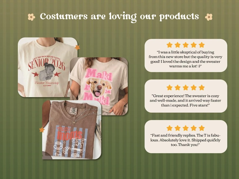 May include: A collection of three t-shirts displayed with customer reviews. One cream shirt features a child and the text 'Senior 2026', another cream shirt shows a dog with 'Maki' text, and a brown shirt displays coffee graphics and 'Mom' text.