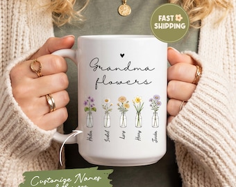 Personalized Grandma Flowers Mug, Custom Birth Month Flower Mug, Grandkids Names Coffee Cup, Mother's Day Gift for Grandma, Nana
