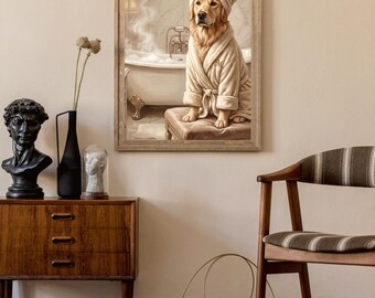 Custom Funny Dog Portrait From Photo – Personalized Pet Bathroom Poster, Dog in Towel Art Print, Bathrobe Pet Wall Decor, Funny Dog Gift