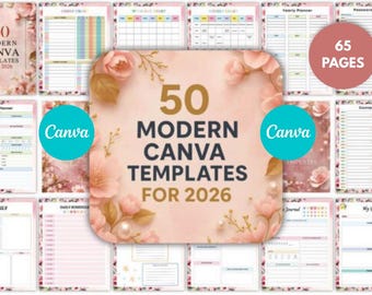 Puede incluir: Un conjunto de 50 plantillas modernas de Canva para 2026, con un diseño floral rosa suave. Las plantillas incluyen planificadores diarios, gráficos semanales y planificadores anuales. También se muestra el texto "65 páginas".