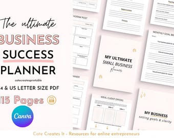 May include: A collection of printable business planners with the title "The Ultimate Business Success Planner." The cover features text in black and pink, with the Canva logo. The planner includes pages for goal setting and business strategy.