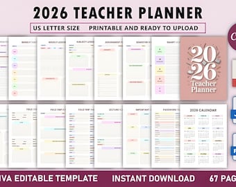 May include: A 2026 Teacher Planner in US Letter size, featuring a pink cover with the text "2026 Teacher Planner". The planner includes pages for student information, weekly lessons, assignments, and a calendar. Includes Canva editable template, instant download, and 67 pages.